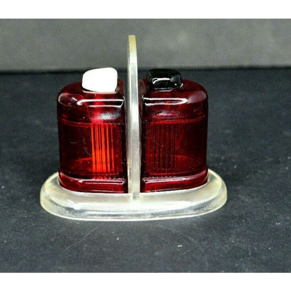Vintage Art Deco Ruby Red Carvanite Plastic Salt and Pepper Shakers